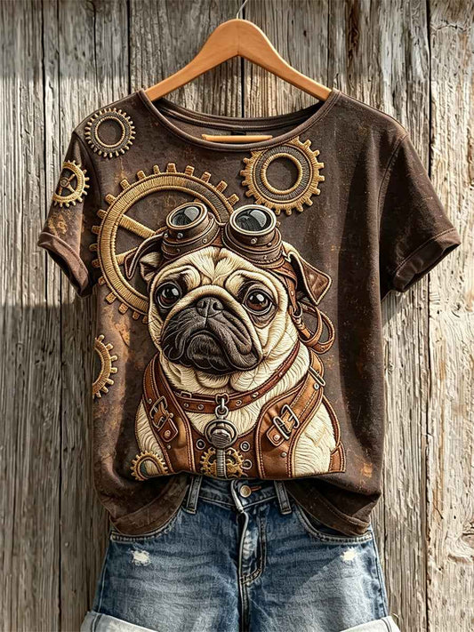 Women's Vintage Steampunk Pug Dog Art Print short-sleeved T-shirt