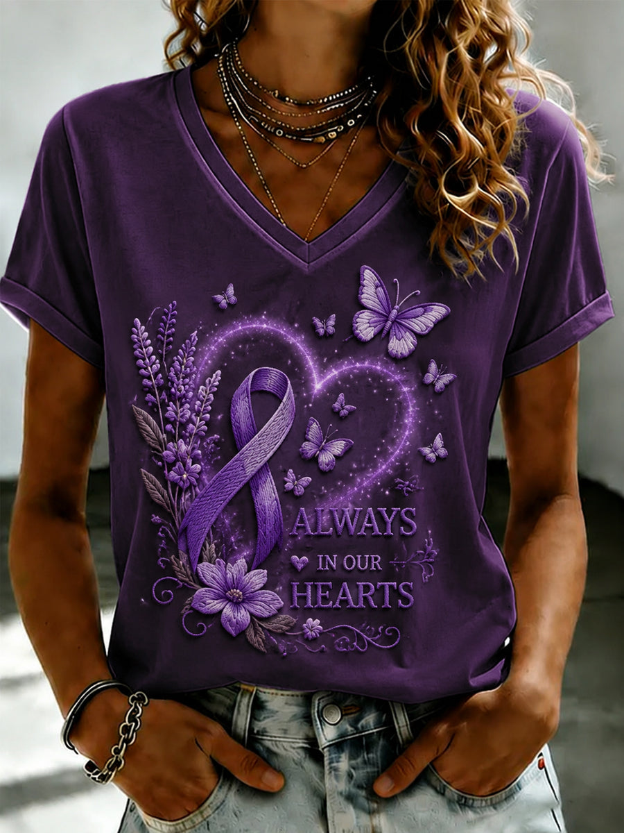 Women's Purple Flora Art Printed V-neck T-shirt gracestitchs