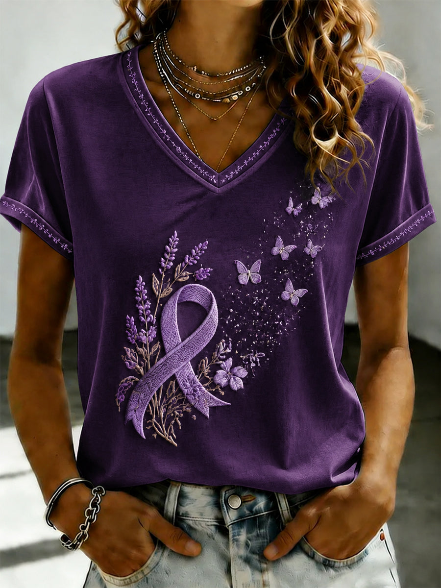 Women's Purple Flora Art Printed V-neck T-shirt gracestitchs