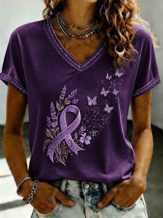 Women's Purple Flora Art Printed V-neck T-shirt