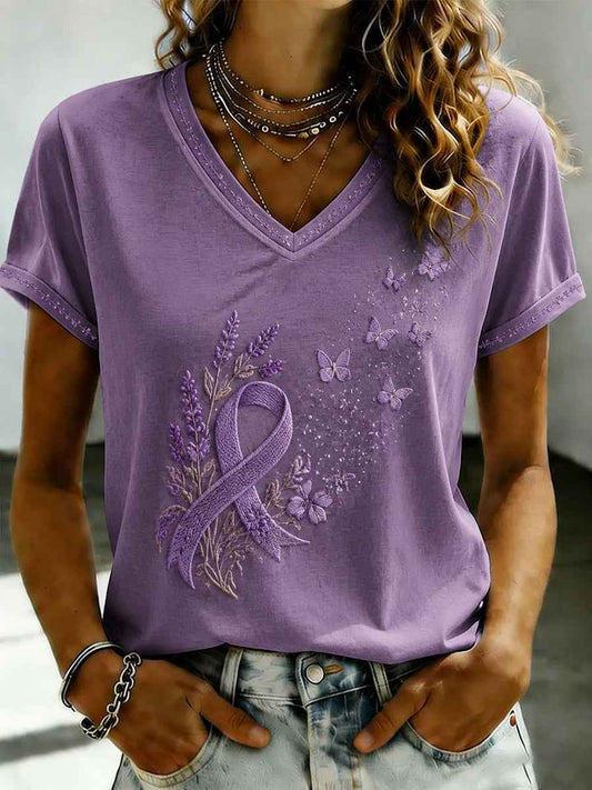 Women's Purple Flora Art Printed V-neck T-shirt