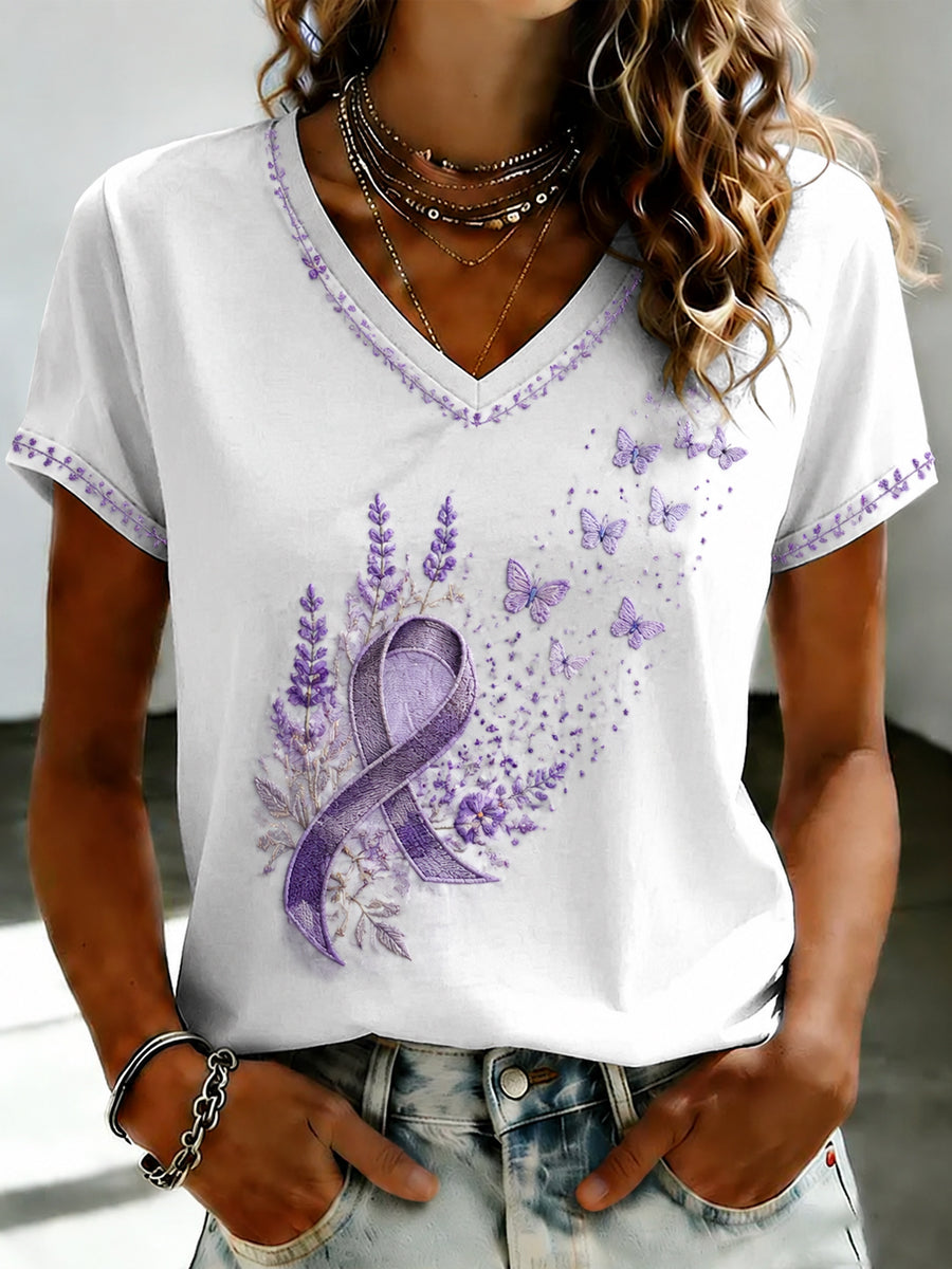Women's Purple Flora Art Printed V-neck T-shirt gracestitchs