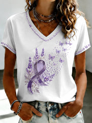 Women's Purple Flora Art Printed V-neck T-shirt gracestitchs