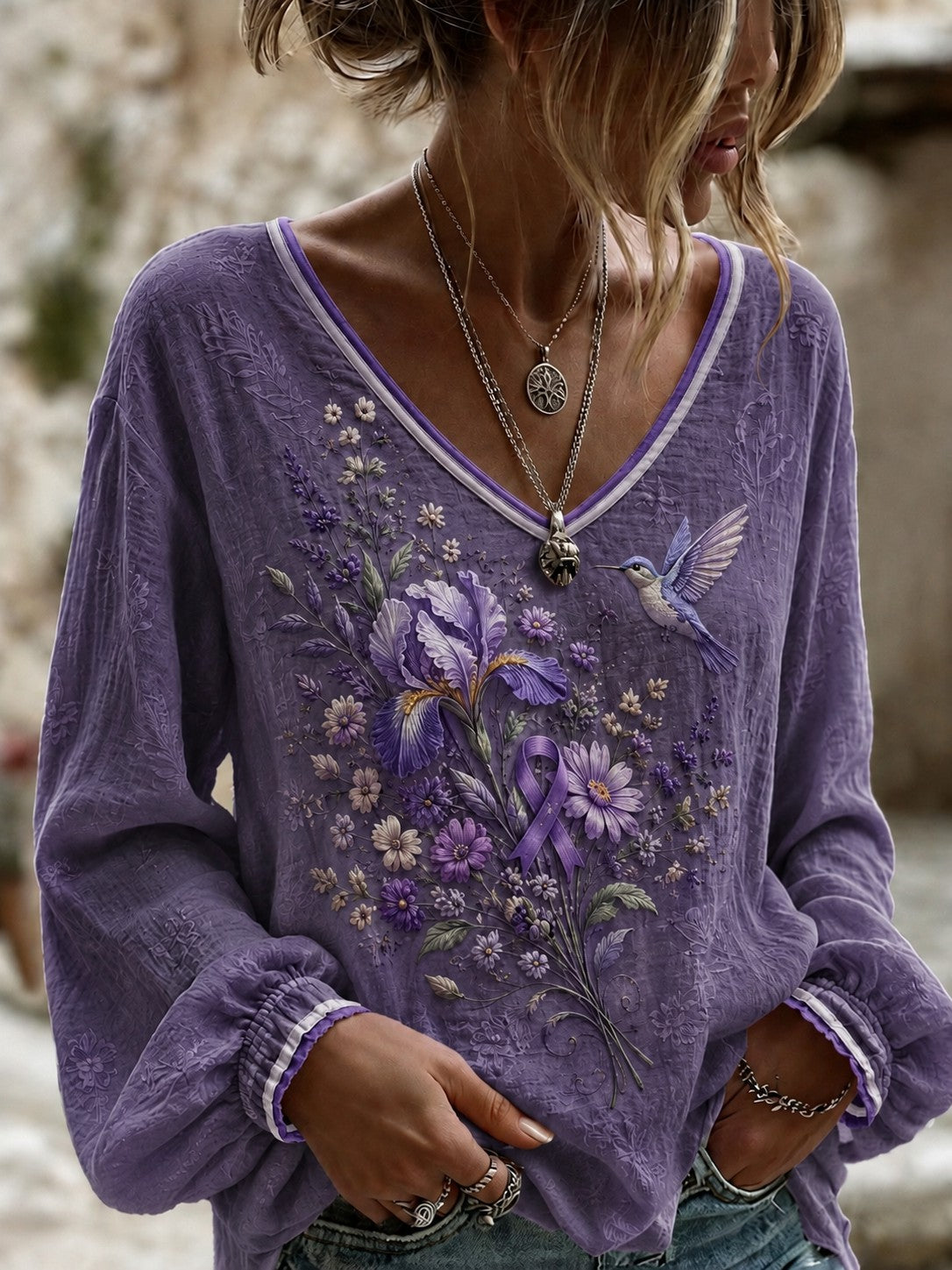 Women's Alzheimer's Awareness Printed Cotton-Linen Shirt gracestitchs