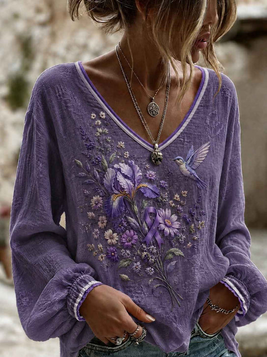 Women's Alzheimer's Awareness Printed Cotton-Linen Shirt