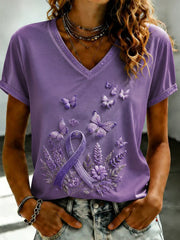 Women's Purple Flora Art Printed V-neck T-shirt gracestitchs