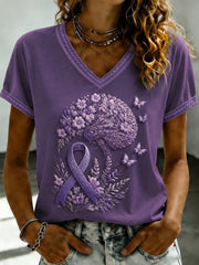 Women's Purple Flora Art Printed V-neck T-shirt gracestitchs