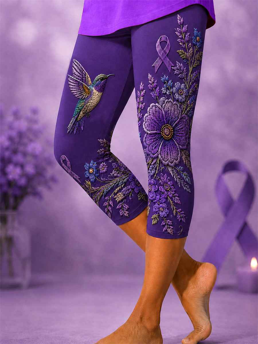 Women's Purple Floral & Hummingbird Print Alzheimer's Awareness Support Cropped Leggings