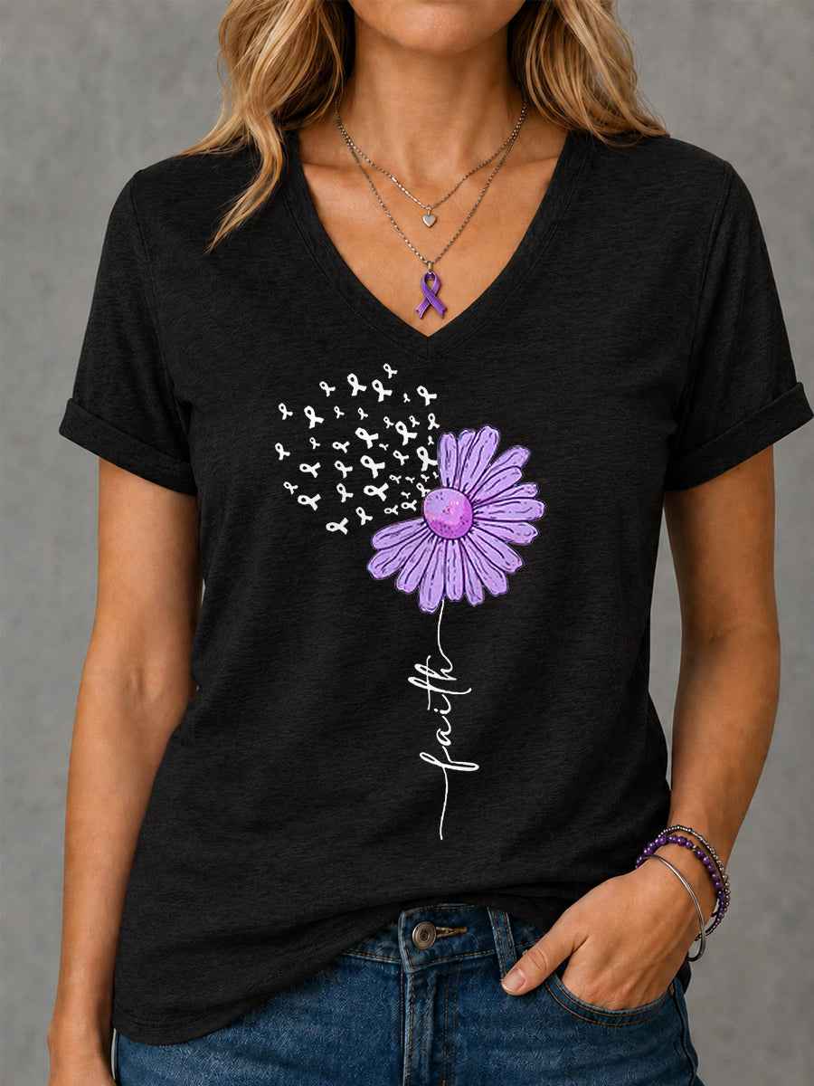 Women's Purple Ribbon Sunflower Faith Print Alzheimer's Awareness Support V-Neck Tee