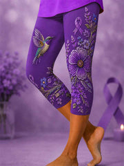 Women's Purple Floral & Hummingbird Print Alzheimer's Awareness Support Cropped Leggings
