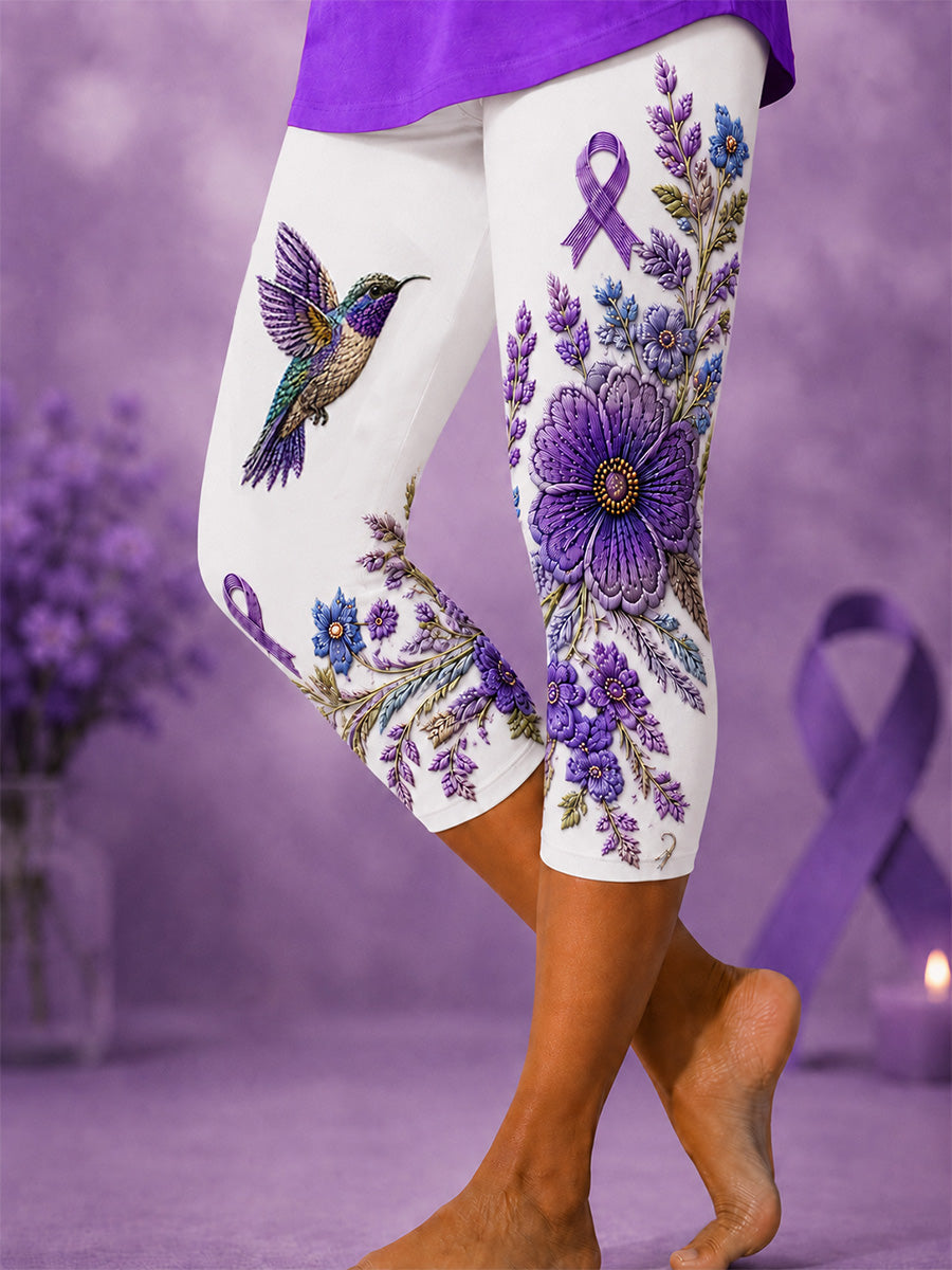 Women's Purple Floral & Hummingbird Print Alzheimer's Awareness Support Cropped Leggings gracestitchs