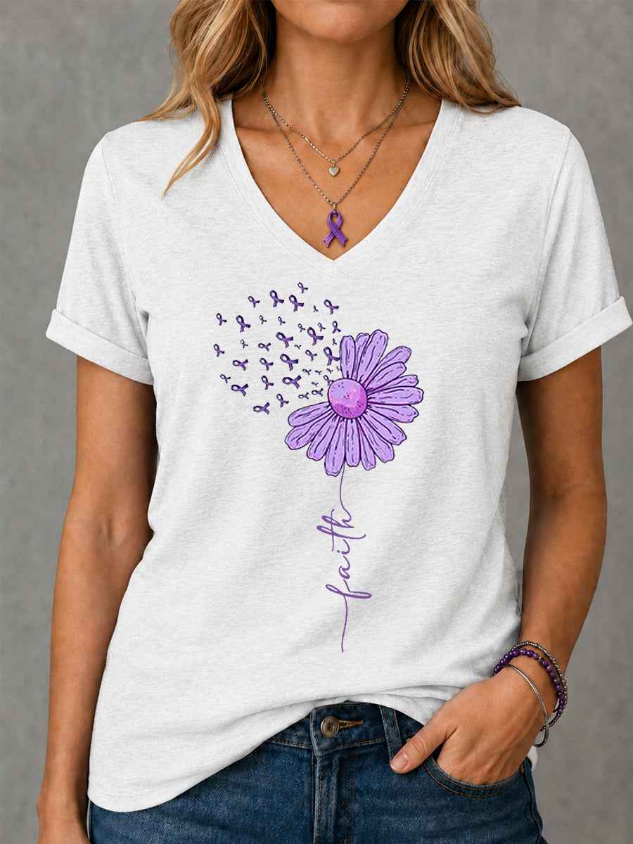 Women's Purple Ribbon Sunflower Faith Print Alzheimer's Awareness Support V-Neck Tee