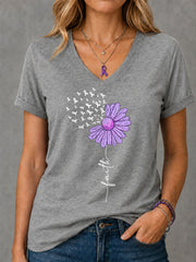 Women's Purple Ribbon Sunflower Faith Print Alzheimer's Awareness Support V-Neck Tee gracestitchs
