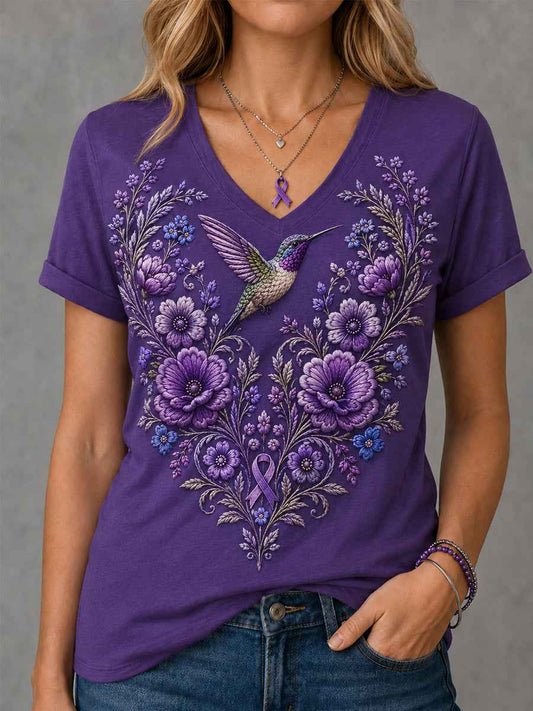 Women's Purple Floral & Hummingbird Print Alzheimer's Awareness Support V-Neck Tee