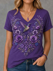 Women's Purple Floral & Hummingbird Print Alzheimer's Awareness Support V-Neck Tee