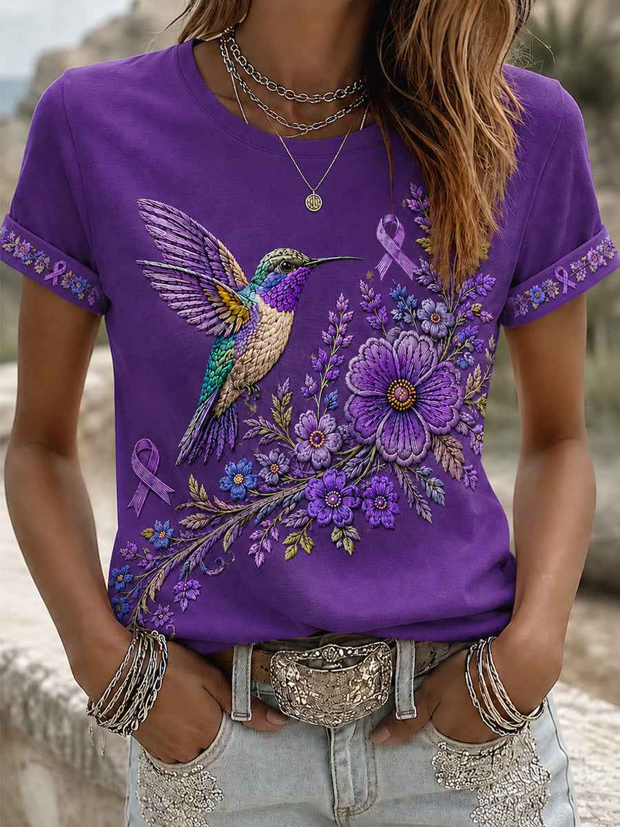 Women's Purple Floral & Hummingbird Print Alzheimer's Awareness Support Tee