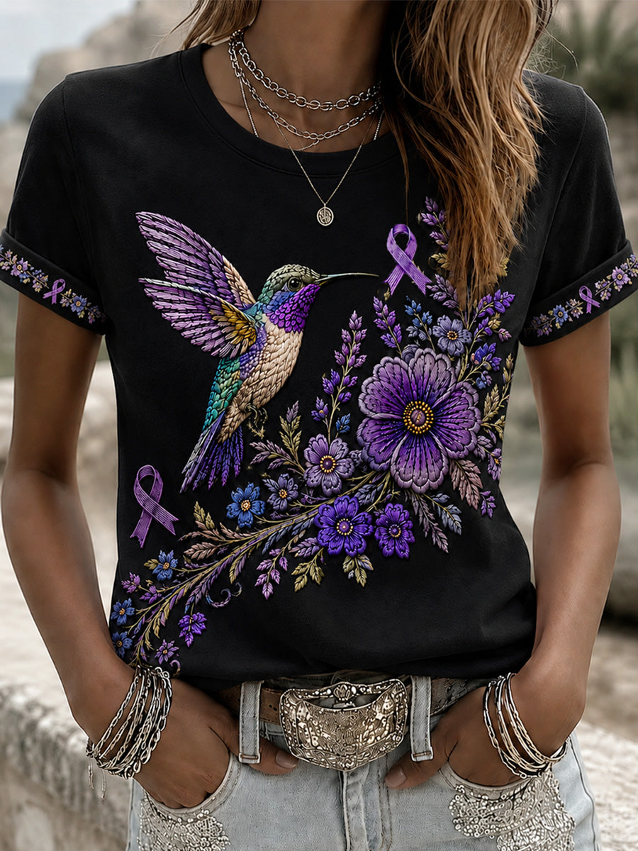 Women's Purple Floral & Hummingbird Print Alzheimer's Awareness Support Tee gracestitchs