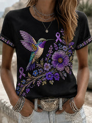 Women's Purple Floral & Hummingbird Print Alzheimer's Awareness Support Tee gracestitchs