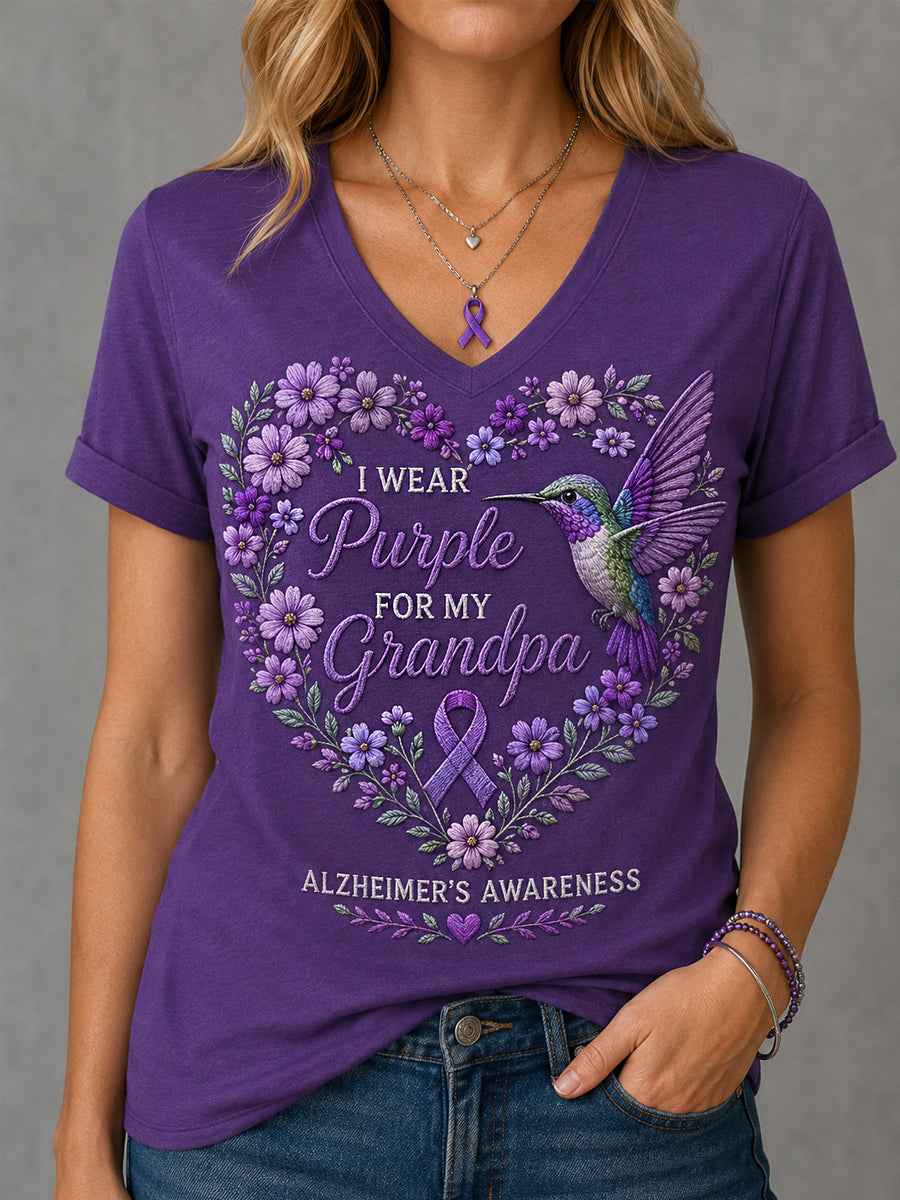 Women's Purple Floral & Hummingbird Print Alzheimer's Awareness Support V-Neck Tee