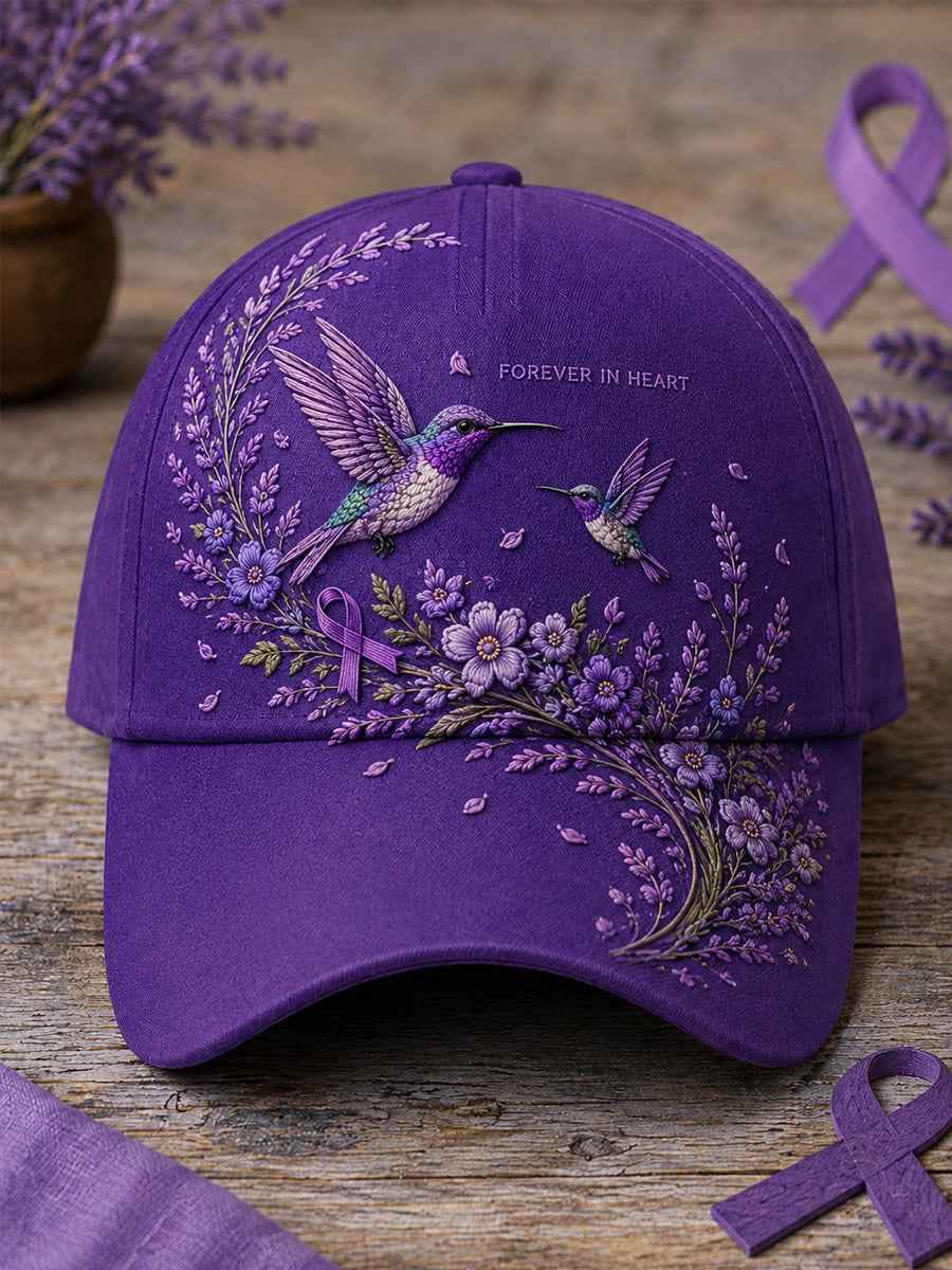 Unisex Purple Floral & Hummingbird Print Alzheimer's Awareness Support Hat