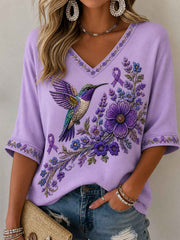 Women's Purple Floral & Hummingbird Print Alzheimer's Awareness Support V-Neck Tee