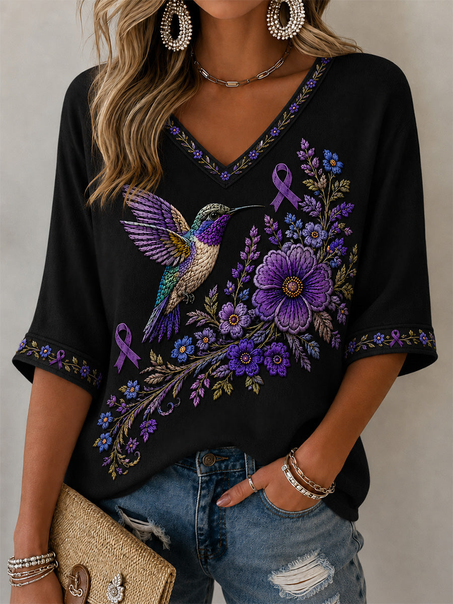 Women's Purple Floral & Hummingbird Print Alzheimer's Awareness Support V-Neck Tee gracestitchs