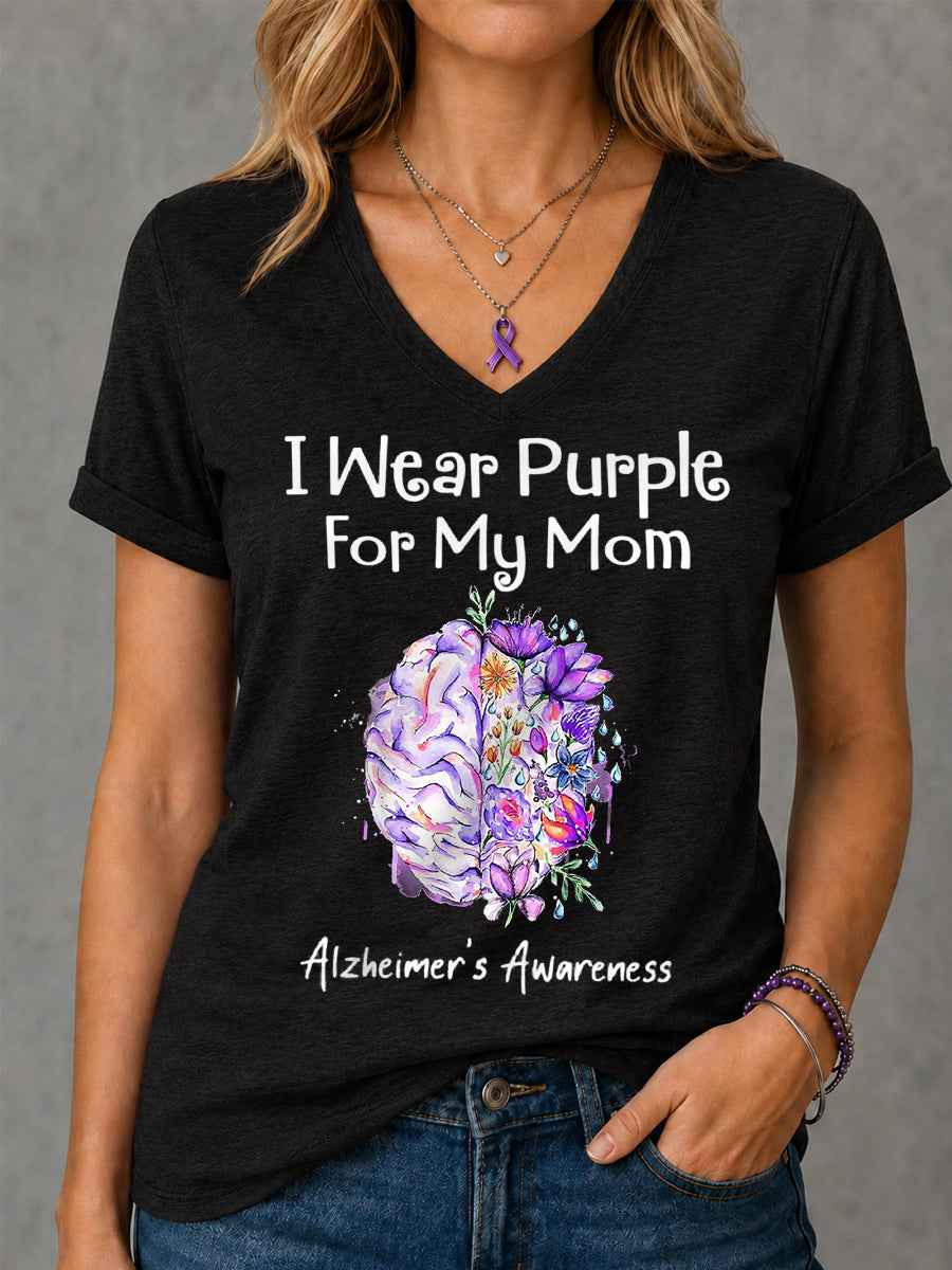 Women's I Wear Purple For My Mom Floral Print Alzheimer's Awareness Support V-Neck Tee
