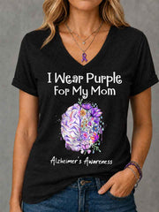 Women's I Wear Purple For My Mom Floral Print Alzheimer's Awareness Support V-Neck Tee