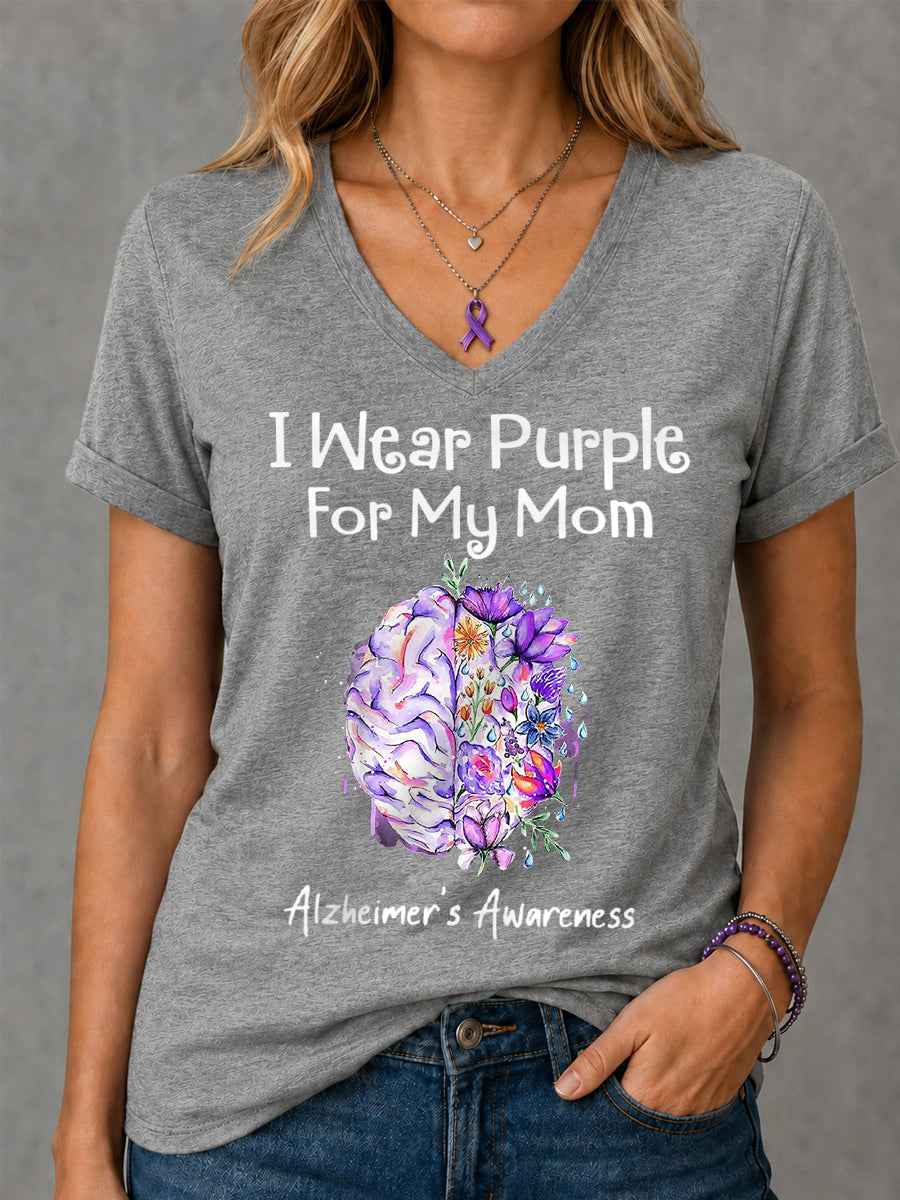 Women's I Wear Purple For My Mom Floral Print Alzheimer's Awareness Support V-Neck Tee