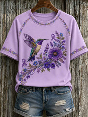 Women's Purple Floral & Hummingbird Print Alzheimer's Awareness Support Tee