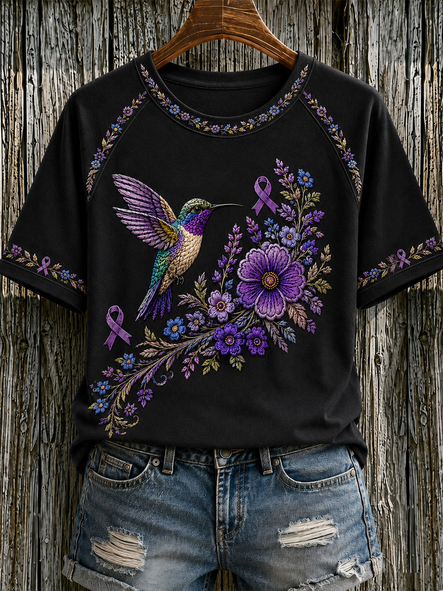 Women's Purple Floral & Hummingbird Print Alzheimer's Awareness Support Tee gracestitchs