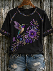 Women's Purple Floral & Hummingbird Print Alzheimer's Awareness Support Tee gracestitchs