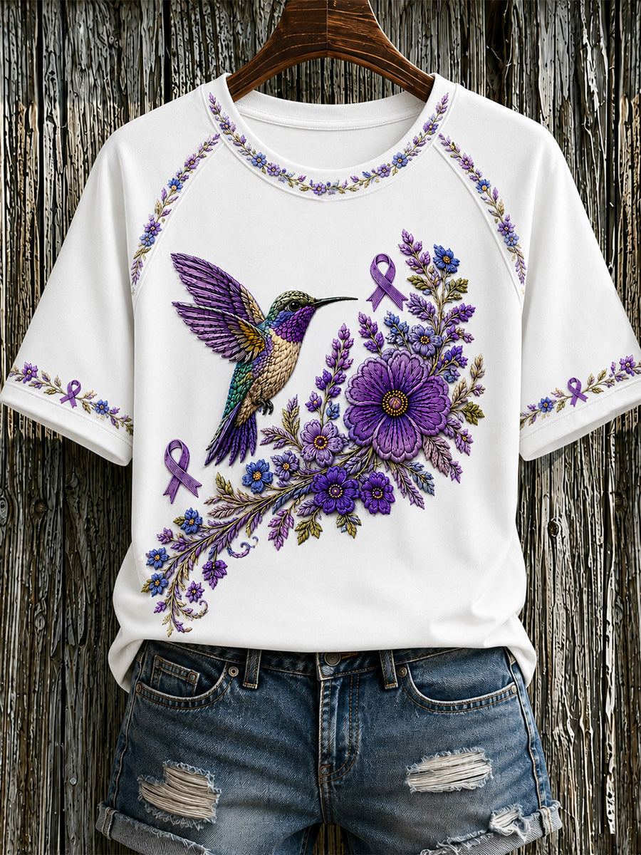 Women's Purple Floral & Hummingbird Print Alzheimer's Awareness Support Tee gracestitchs
