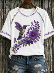 Women's Purple Floral & Hummingbird Print Alzheimer's Awareness Support Tee gracestitchs