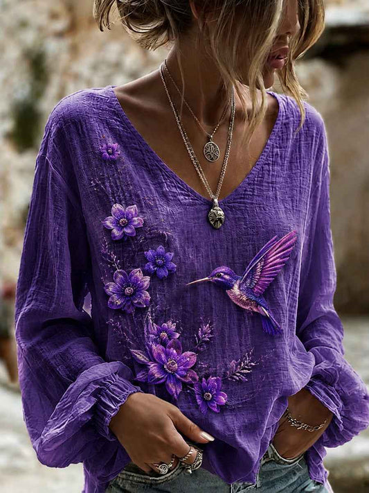 Women's Purple Flora Art Print Cotton-Linen Shirt