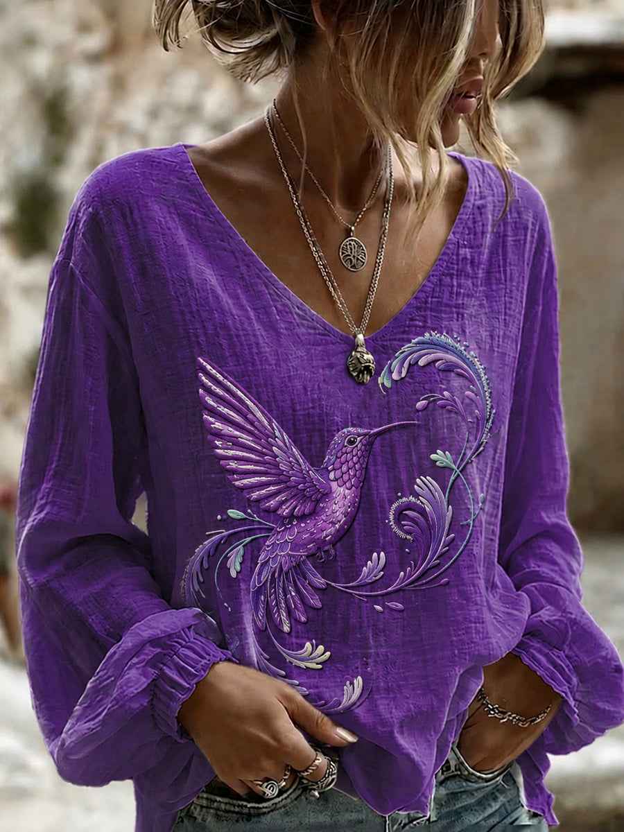 Women's Purple Flora Art Print Cotton-Linen Shirt