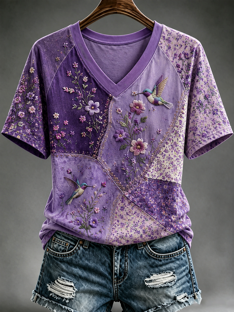 Women's Hummingbird and floral print short-sleeved T-shirt gracestitchs
