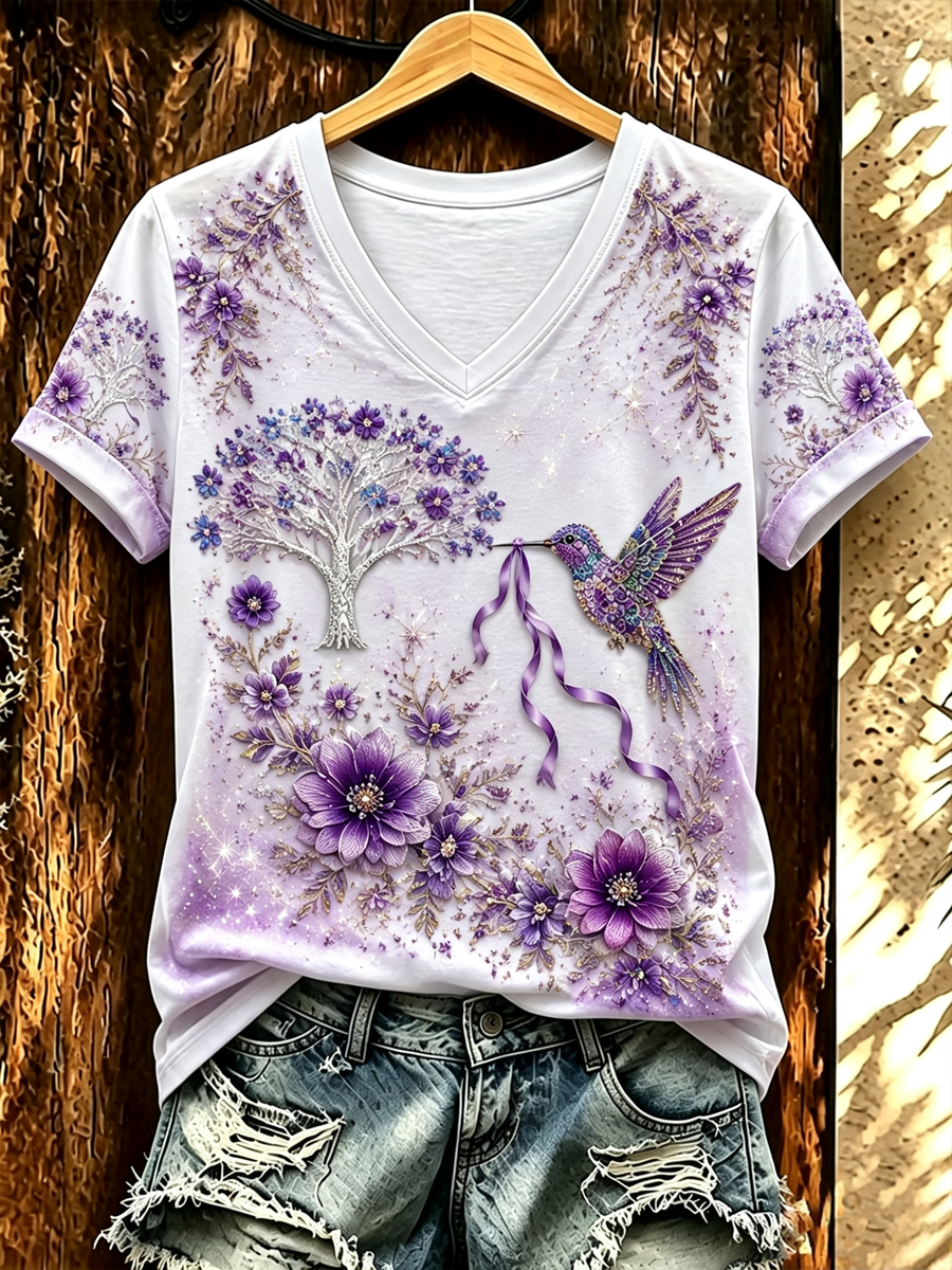 Women's Hummingbird and floral print short-sleeved T-shirt gracestitchs