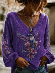Women's Purple Flora Art Print Cotton-Linen Shirt