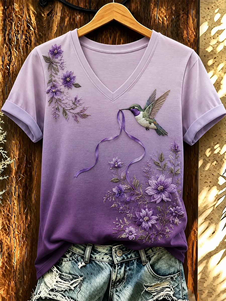 Women's Hummingbird and floral print short-sleeved T-shirt gracestitchs