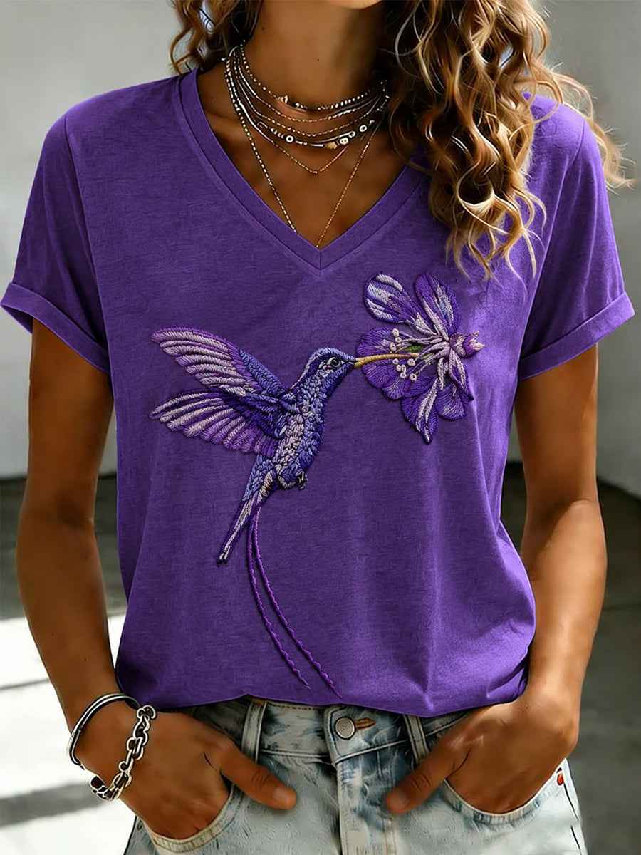 Women's Purple Flora Art Printed V-neck T-shirt