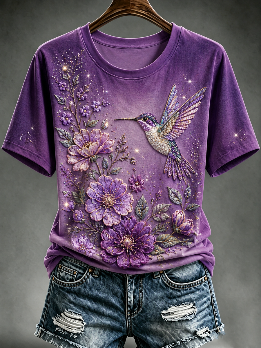 Women's Hummingbird and floral print short-sleeved T-shirt gracestitchs