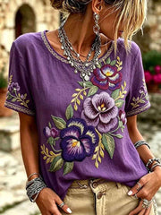 Women's Purple Floral Print Casual T-Shirt