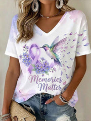 Women's Alzheimer's Awareness Support Purple Floral & Hummingbird Print V-Neck T-Shirt