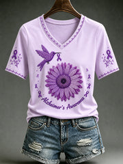 Women's Alzheimer's Awareness Support Purple Floral Purple Floral & Hummingbird Art Short Sleeve V-Neck Shirt gracestitchs