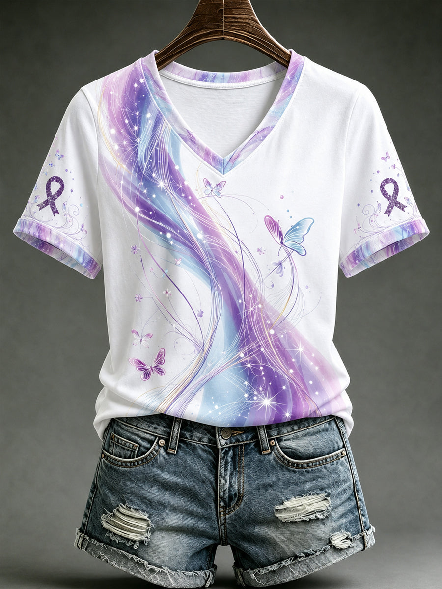 Women's Alzheimer's Awareness Support Purple Floral  V-Neck T-Shirt gracestitchs