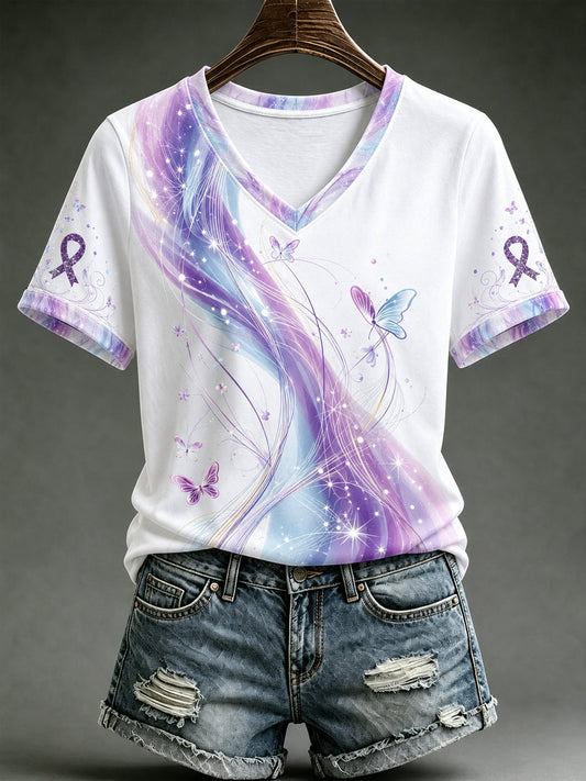 Women's Alzheimer's Awareness Support Purple Floral  V-Neck T-Shirt gracestitchs