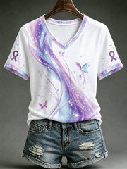 Women's Alzheimer's Awareness Support Purple Floral  V-Neck T-Shirt gracestitchs