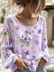 Women's Alzheimer's Awareness Support Purple Floral Art  Cotton-Linen Shirt