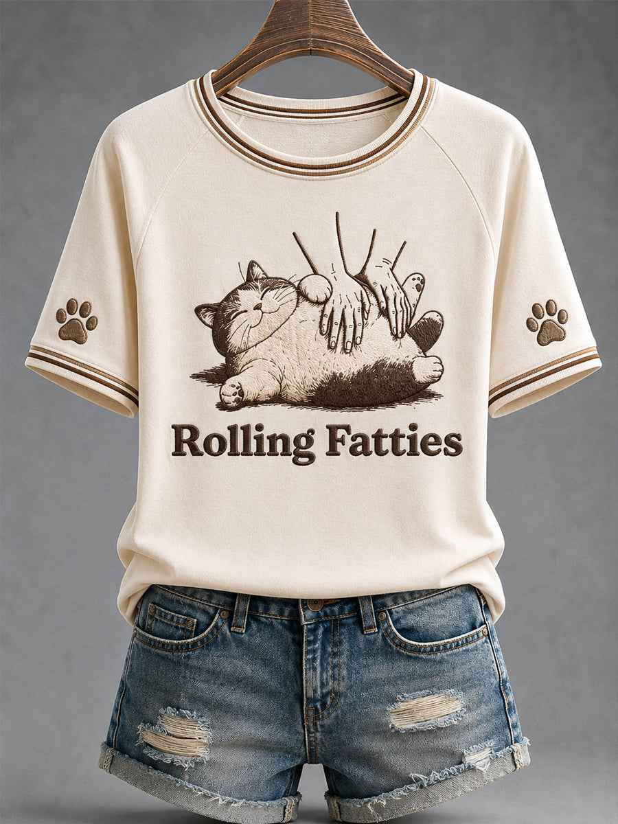 Women's Funny Cute Fat Cat Print Gift For Cat Lovers Casual Tee